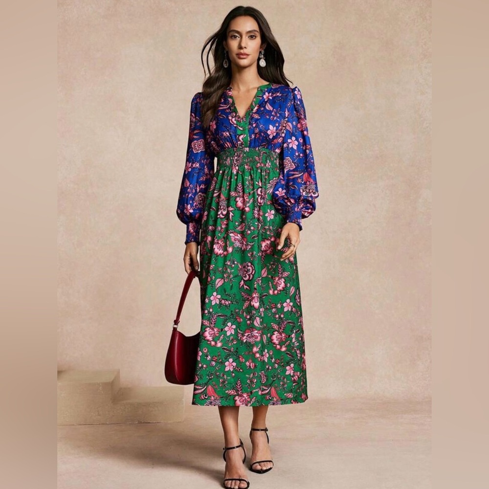 SHEIN Blue and Green Floral Long Sleeve Midi Dress